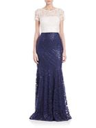 David Meister Sequined Lace Two-tone Gown