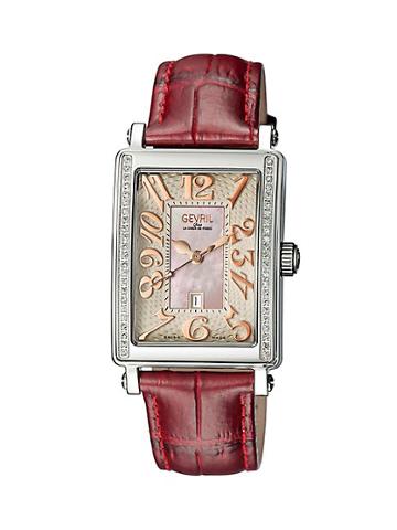 Gevril Mezzo Rectangle Stainless Steel Diamond Leather Strap Watch