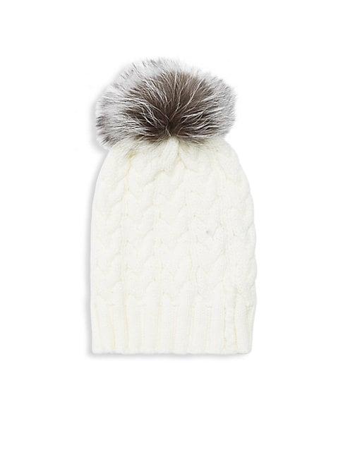 Adrienne Landau Natural Fox Fur Pom Pom Hat