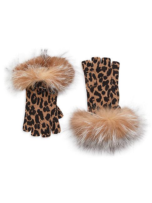 Sofia Cashmere Leopard-print Fox Fur-trim & Cashmere Fingerless Gloves