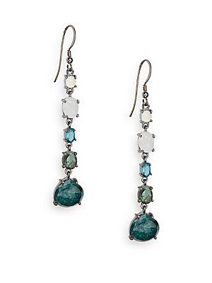 Eva Hanusova Noga Emerald & Opal Linear Drop Earrings/silvertone