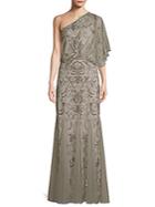 Adrianna Papell Beaded One-shoulder Blouson Gown