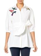 Carolina Herrera Bird-embroidered Tie-waist Blouse