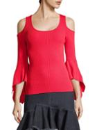 Scripted Ribbed Cold-shoulder Bell-sleeve Sweater