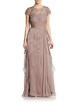 Adrianna Papell Lace Cap-sleeve Layered Gown