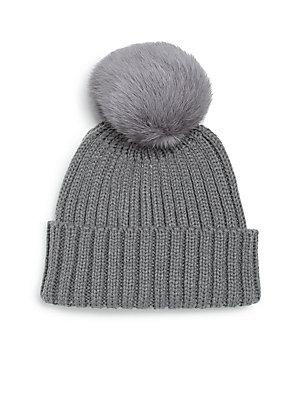 Adrienne Landau Rib-knit Rabbit Fur Pom-pom Hat