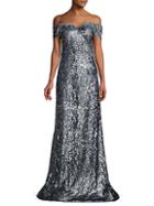 Rene Ruiz Collection Sequin Off-the-shoulder Glitter Lace Gown
