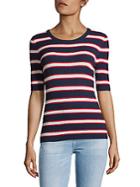 Set Striped Elbow-sleeve Knit Top