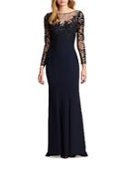Theia Embroidered Sheer-yoke Crepe Gown