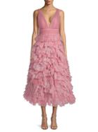 Marchesa Plunging Ruffled Tulle Dress
