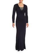 David Meister Cowlneck Long Sleeve Empire Gown