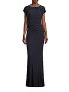 Theia Beaded Ruched Jersey Gown