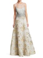 Teri Jon Embellished Metallic Floral Jacquard Gown