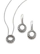 John Hardy Classic Chain Sterling Silver Small Round Pendant Necklace & Drop Earrings Gift Box Set