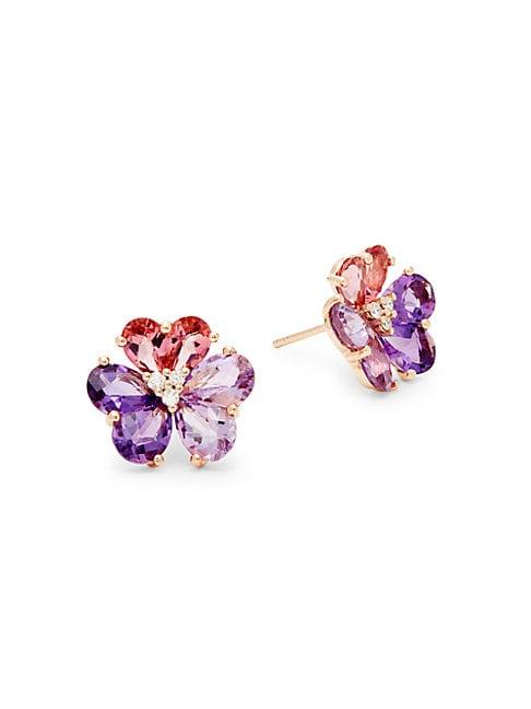 Effy 14k Rose Gold Diamond & Gemstone Floral Stud Earrings