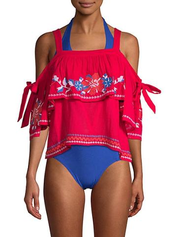 Parker Beach Embroidered Cold-shoulder Cover-up Top