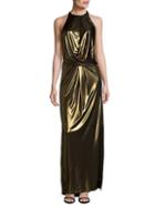 Halston Heritage Metallic Open Back Halter Gown