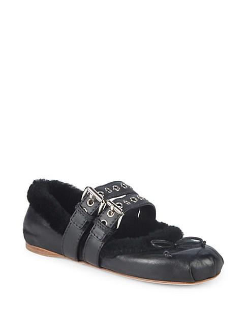 Miu Miu Dyed Shearling Trimmed Double-strap Leather Ballet Flats