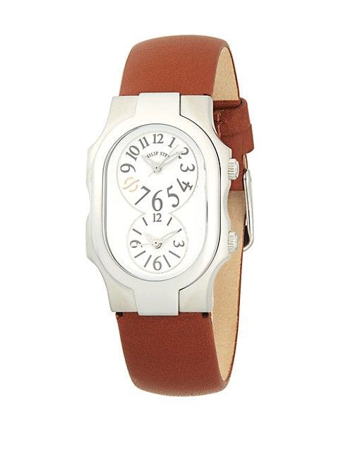 Philip Stein Signature Dual-time Stainless Steel & Leather-strap Watch