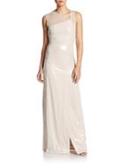 Halston Heritage Sequined Asymmetrical Illusion Top Gown