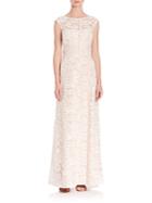 Theia Lace Cap Sleeve Ruffle Gown