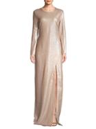 Halston Heritage Sequined Front Slit Long Sleeve Gown