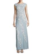 Adrianna Papell Boatneck Foliage-motif Gown