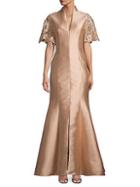 Badgley Mischka Embroidered Lace-sleeve Mermaid Gown