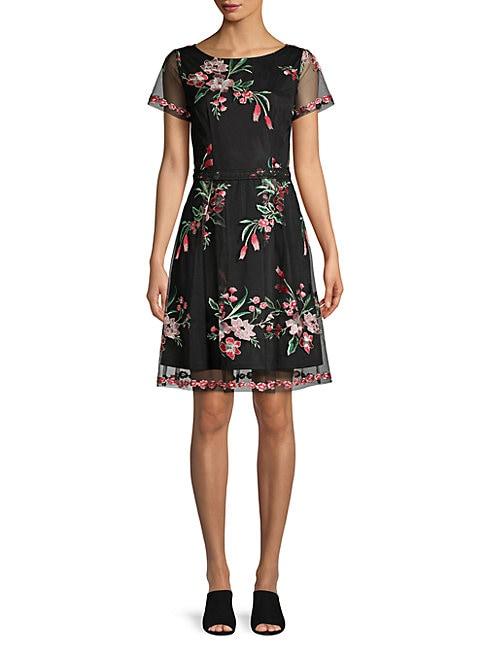 Adrianna Papell Floral Bouquets Embroidered Flare Dress