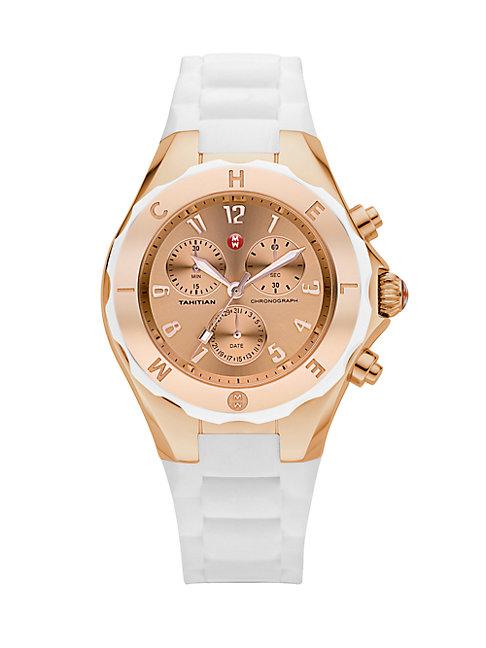 Michele Tahitian Jelly Bean Rose Goldtone Stainless Steel & Silicone Chronograph Bracelet Watch/white