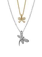 Alex Woo 14k White Gold Dragonfly And Mini Yellow Gold Bow Pendant Necklace