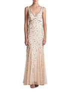 Sue Wong Beaded & Floral Embroidered Tulle Gown