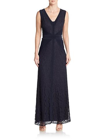 Betsy & Adam Pleated-panel Lace Gown