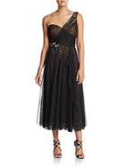 Marchesa Notte Embroidered One-shoulder Tulle Dress