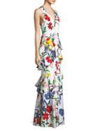 Alice + Olivia Flossie Printed Ruffle-trimmed Gown