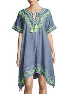 Saks Fifth Avenue Blue Hibiscus Embroidered Asymmetric Cotton Tunic