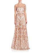 Marchesa Embroidered Off-the-shoulder Gown