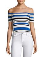 Scripted Off-the-shoulder Striped Rib-knit Top