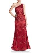 David Meister Embroidered One-shoulder Trumpet Gown