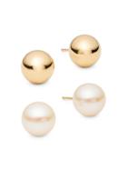 Masako 2-pair 14k Yellow Gold & 8-9mm Round Freshwater Pearl Stud Earrings Set