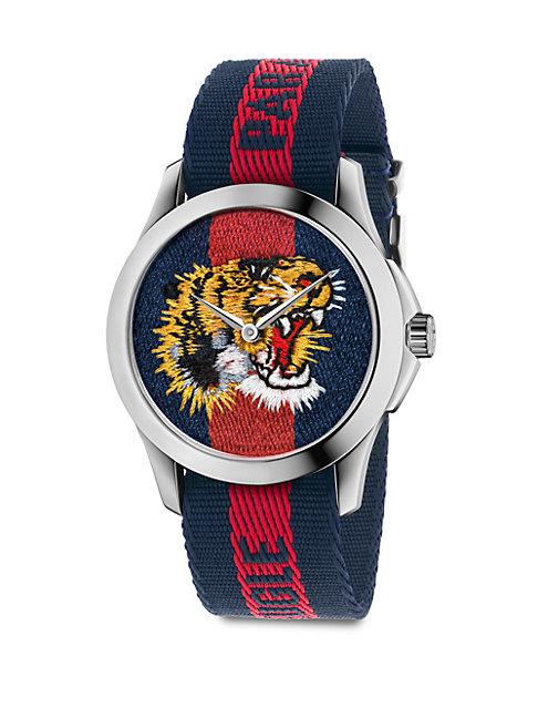 Gucci Le March&eacute; Des Merveilles Tiger Stainless Steel & Striped Nylon Strap Watch