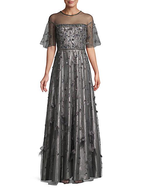 Theia Beaded Floral Illusion Gown