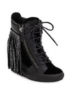 Giuseppe Zanotti Strass Leather & Suede Fringe Wedge Sneakers