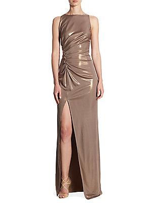 Halston Heritage Ruched Boatneck Gown