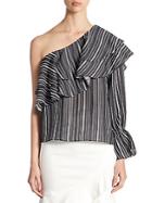 Scripted Ruffled Striped One-shoulder Top
