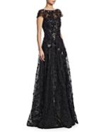 Naeem Khan Illusion Embroidered Short-sleeve Gown