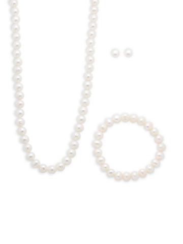 Masako Pearls 8-8.5mm White Pearl & Sterling Silver 3-piece Set