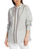 Brunello Cucinelli Chain Trim Striped Collarless Blouse