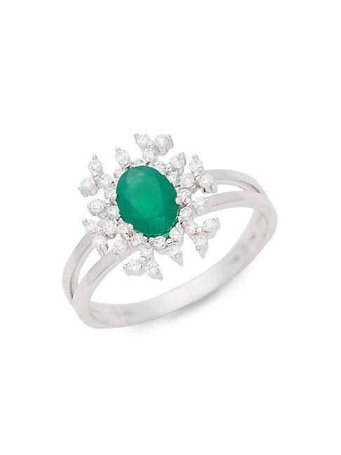 Hueb 18k White Gold Emerald & Diamond Double-band Ring