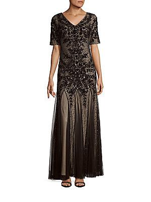 Adrianna Papell Short Sleeve Sequined Pleated Gown